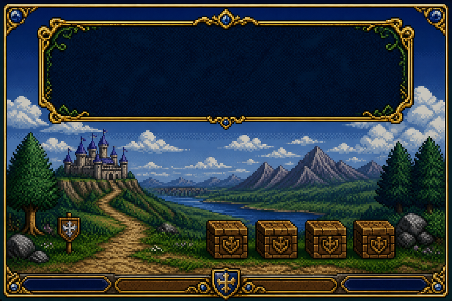 16-bit fantasy overworld with treasure chests — original art, not Nintendo IP